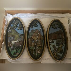 Vintage 3D Wall Plaques - Set of 3 Colonial Farmhouse Scenes 15" Burwood/Homco